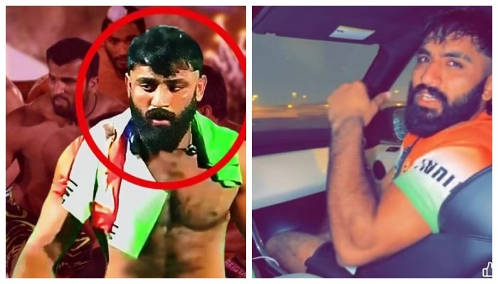 Pakistani Kabaddi player takes to the field carrying Indian team flag